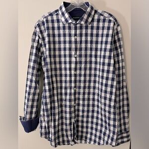 Bugatchi Shaped Fit Men’s Button Down Shirt, Blue/White Checkered Cotton; Size L